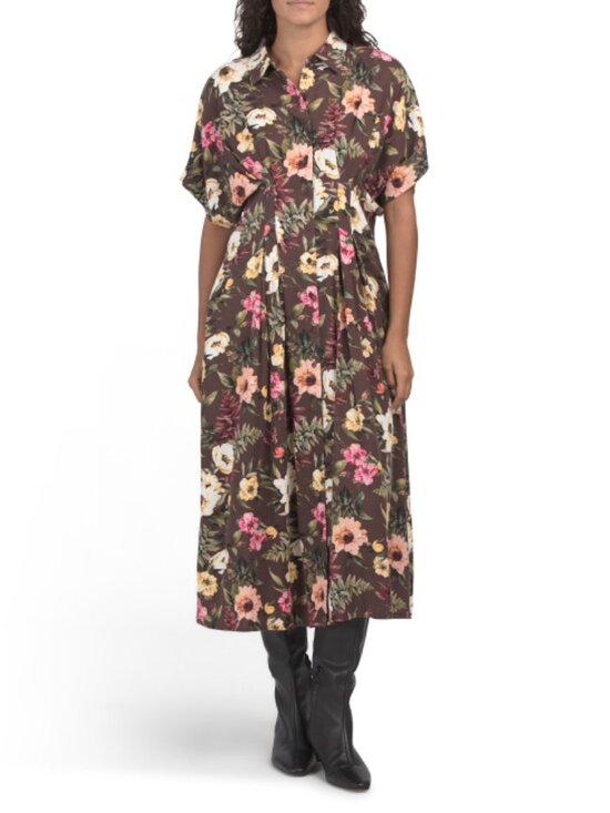 149 Dresses & Skirts - NICOLE MILLER Linen Blend Floral Printed Pintuck Dress